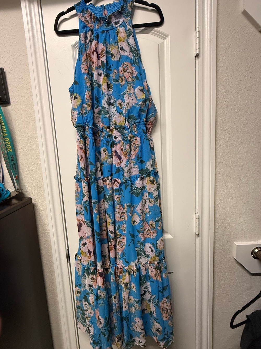 Nina Leonard Blue Floral Halter Maxi Dress Size 1X Smocked Waist - Picture 2 of 10